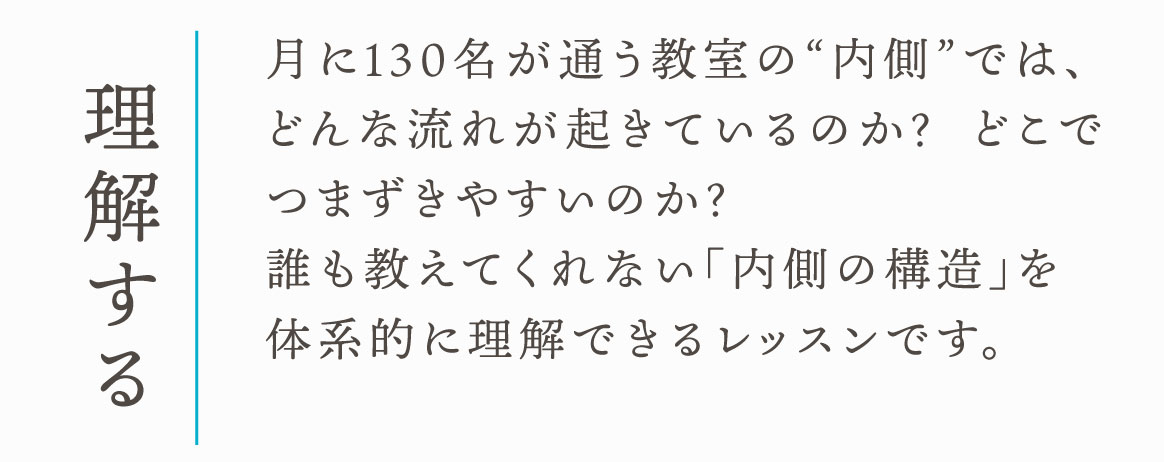 理解する　月に130名が通う教室の”内側”では、どんな流れが起きているのか？どこでつまずきやすいのか？誰も教えてくれない「内側の構造」を体系的に理解できるレッスンです。